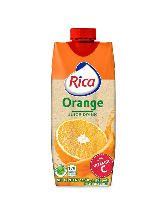 RICA Orange Juice Drink (Jugo de Naranja), 330 mL Cans, Pack of 12 – Refreshing Citrus Beverage