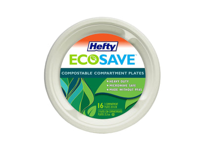 HEFTY ECOSAVE COMPARTMENT PAPER PLATES, PLANT-BASED, 10 1/8 IN (16 COUNT, 4 PACK)