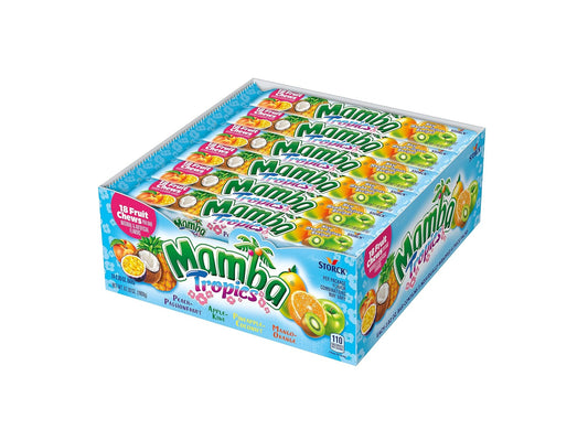 MAMBA TROPICS FRUIT CHEWS CANDY, SOFT & CHEWY, 18 PIECES (PACK OF 24)