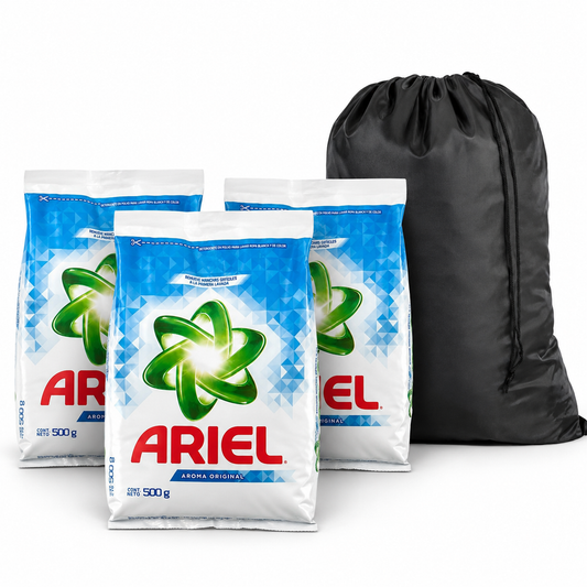 Demaya Laundry Essentials Bundle with ARIEL Aroma Original Laundry Powder Detergent 500 g, 3-Pack and Reusable Drawstring Laundry Bag