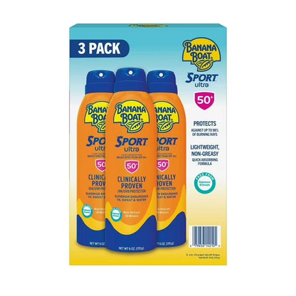 Banana Boat Sport Sunscreen Spray SPF 50+, PowerStay Technology, 6 oz (3 Pack) – UVA/UVB Protection, Water & Sweat Resistant