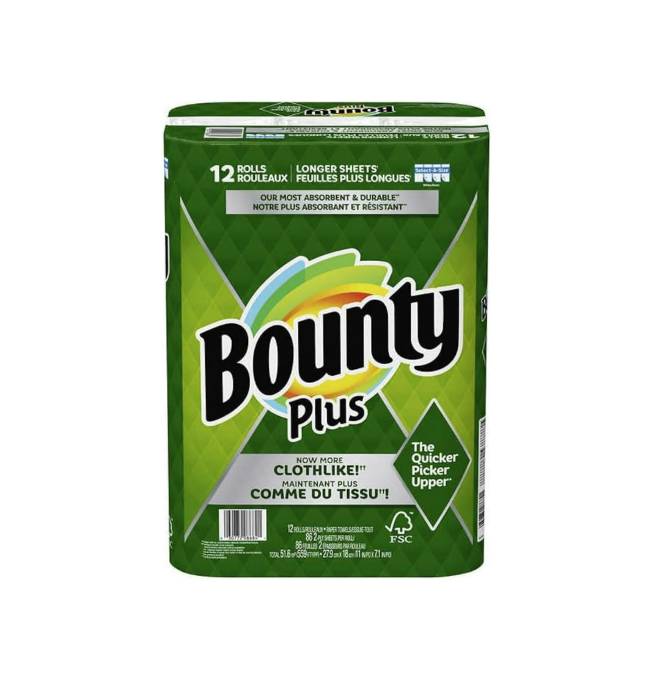 BOUNTY PLUS SELECT A SIZE PAPER TOWELS – WHITE – 2 PLY – 12 ROLLS – 86 SHEETS PER ROLL