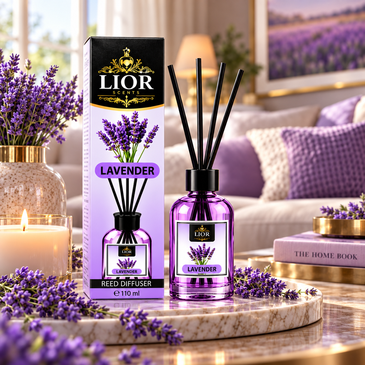 Lior Scents Reed Diffuser Set, 3.72 fl oz (110 mL) – Lavender Oil Diffuser with Reed Sticks, Calming Home Fragrance for Bedroom, Bathroom, Living Room, Office & Spa Decor