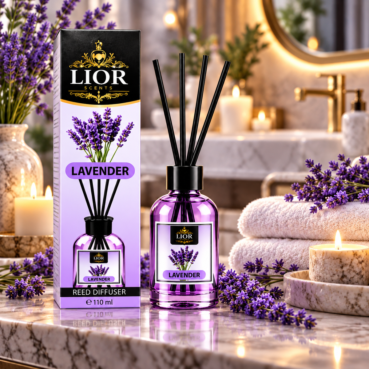 Lior Scents Reed Diffuser Set, 3.72 fl oz (110 mL) – Lavender Oil Diffuser with Reed Sticks, Calming Home Fragrance for Bedroom, Bathroom, Living Room, Office & Spa Decor