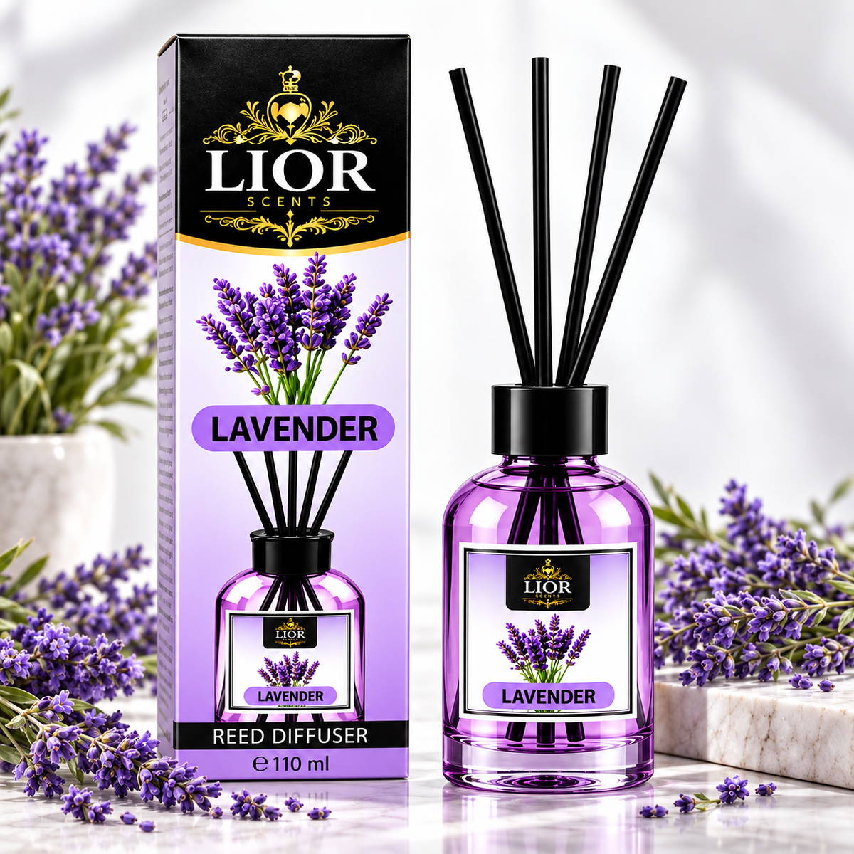 Lior Scents Reed Diffuser Set, 3.72 fl oz (110 mL) – Lavender Oil Diffuser with Reed Sticks, Calming Home Fragrance for Bedroom, Bathroom, Living Room, Office & Spa Decor