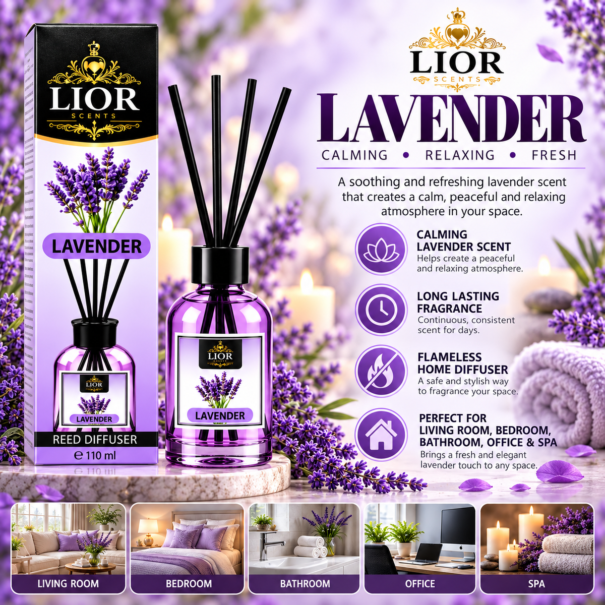 Lior Scents Reed Diffuser Set, 3.72 fl oz (110 mL) – Lavender Oil Diffuser with Reed Sticks, Calming Home Fragrance for Bedroom, Bathroom, Living Room, Office & Spa Decor