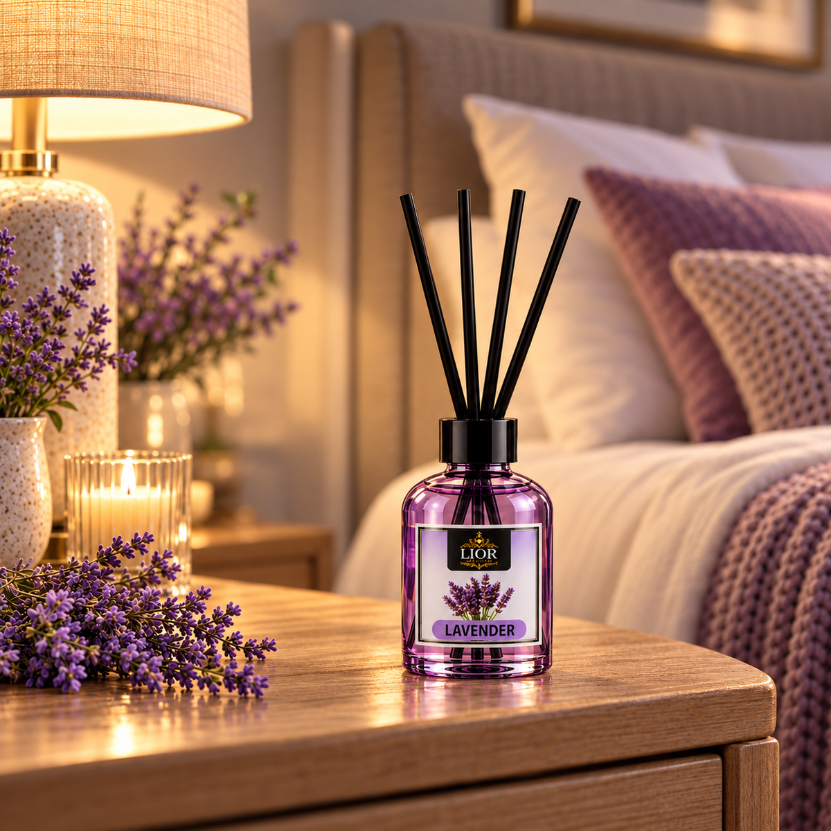 Lior Scents Reed Diffuser Set, 3.72 fl oz (110 mL) – Lavender Oil Diffuser with Reed Sticks, Calming Home Fragrance for Bedroom, Bathroom, Living Room, Office & Spa Decor