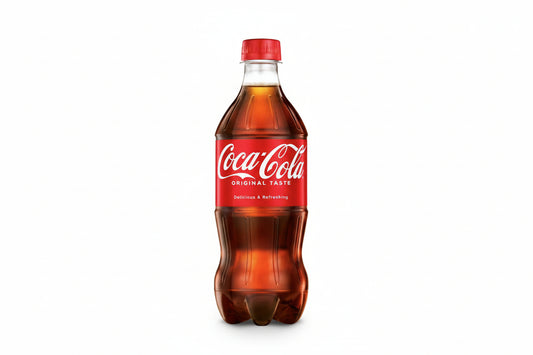 Coca-Cola bottle with red label on a white background