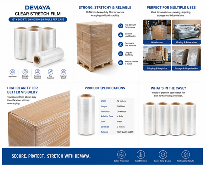 DEMAYA Heavy-Duty Stretch Wrap Film – 12" x 900' 120 Gauge (30 Micron) Industrial Pallet & Packaging Stretch Film