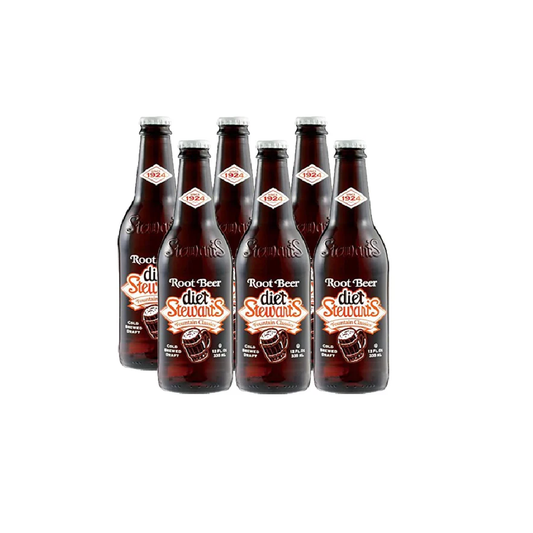 DIET STEWART’S ROOT BEER SODA, ZERO SUGAR, 12 OZ GLASS BOTTLES (6 PACK)