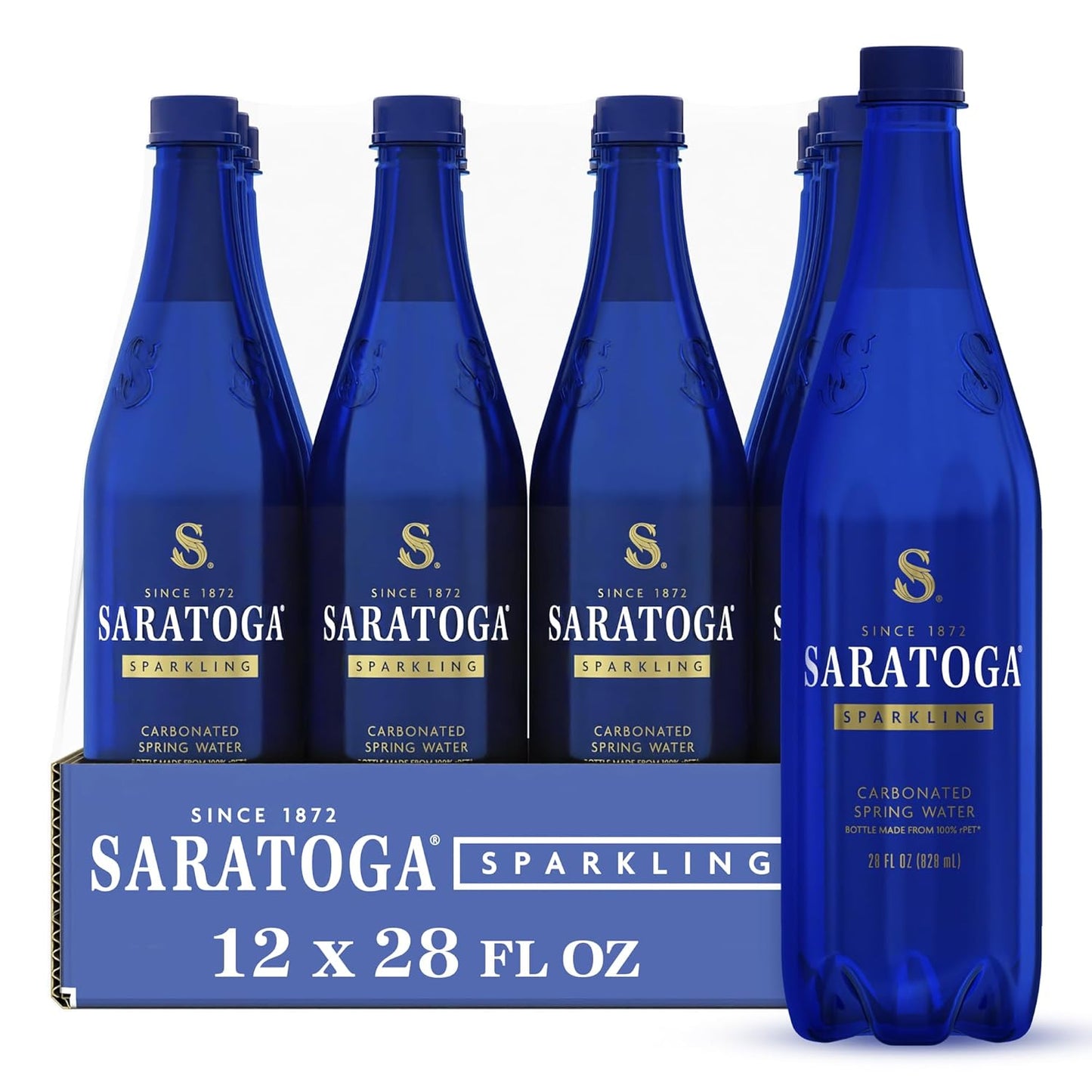 Saratoga Sparkling Water Bottles, 12-Pack – Carbonated Spring Bottled Water – Recycled PET Plastic Bottles – 28 Fl Oz