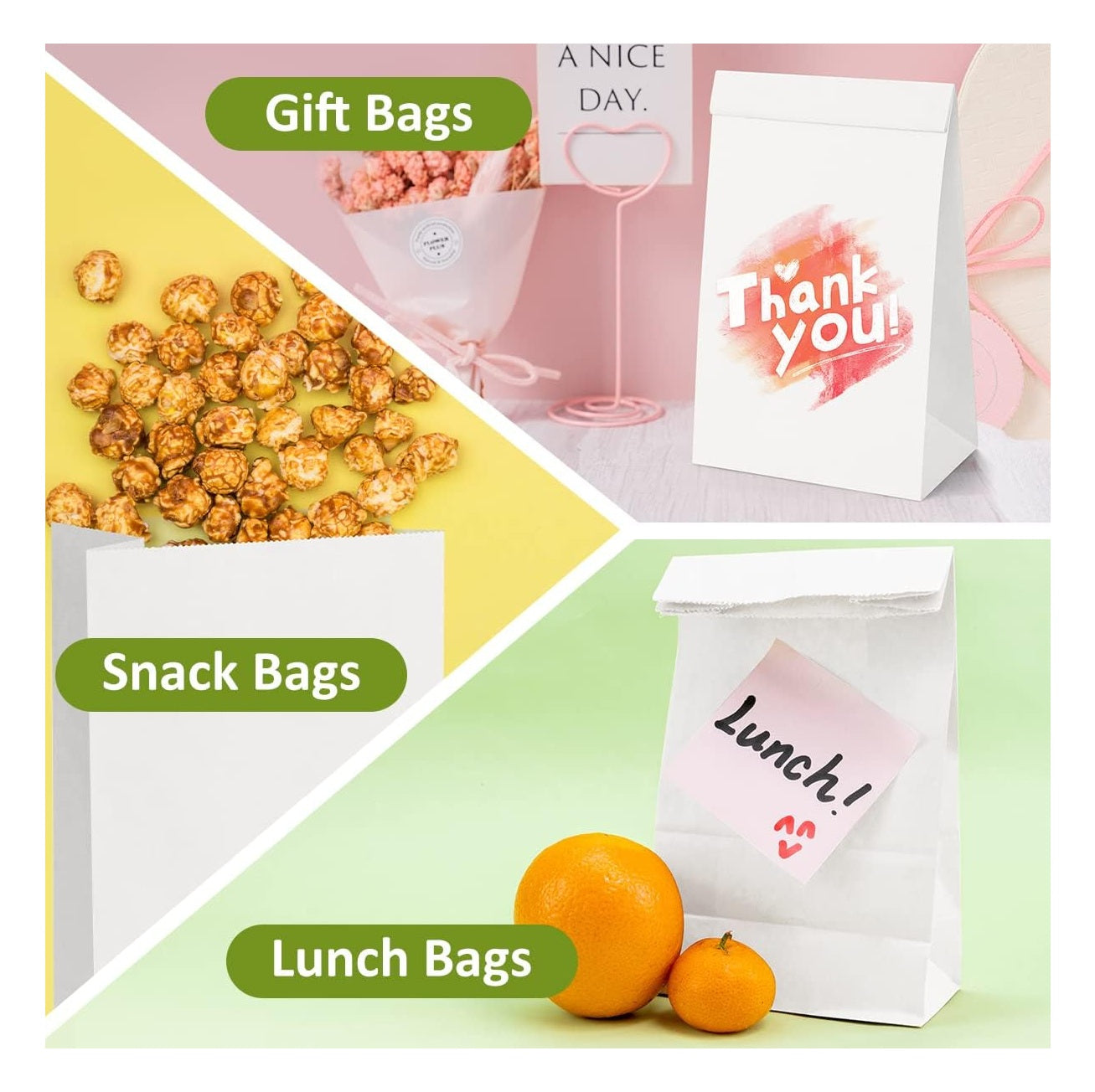 DEMAYA Paper Lunch Bags White, Versatile Paper Lunch Bags for Food, Take Out or Retail Shopping - Sturdy, Self-Standing, 500 Count