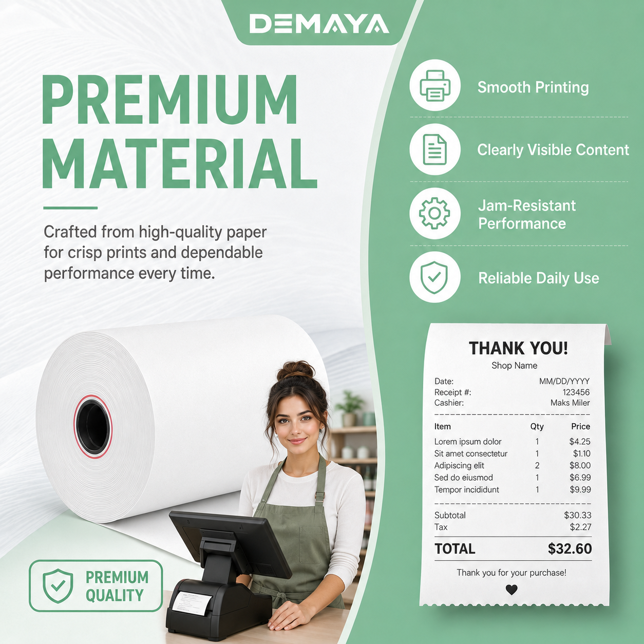 DEMAYA Packaging 3 1/8" x 230' BPA-Free Thermal Paper Rolls – 50 Rolls/Case