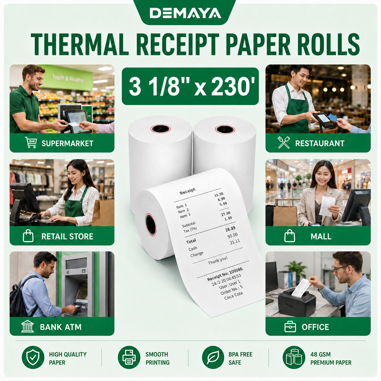 DEMAYA Packaging 3 1/8" x 230' BPA-Free Thermal Paper Rolls – 50 Rolls/Case