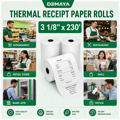 DEMAYA Packaging 3 1/8" x 230' BPA-Free Thermal Paper Rolls – 50 Rolls/Case