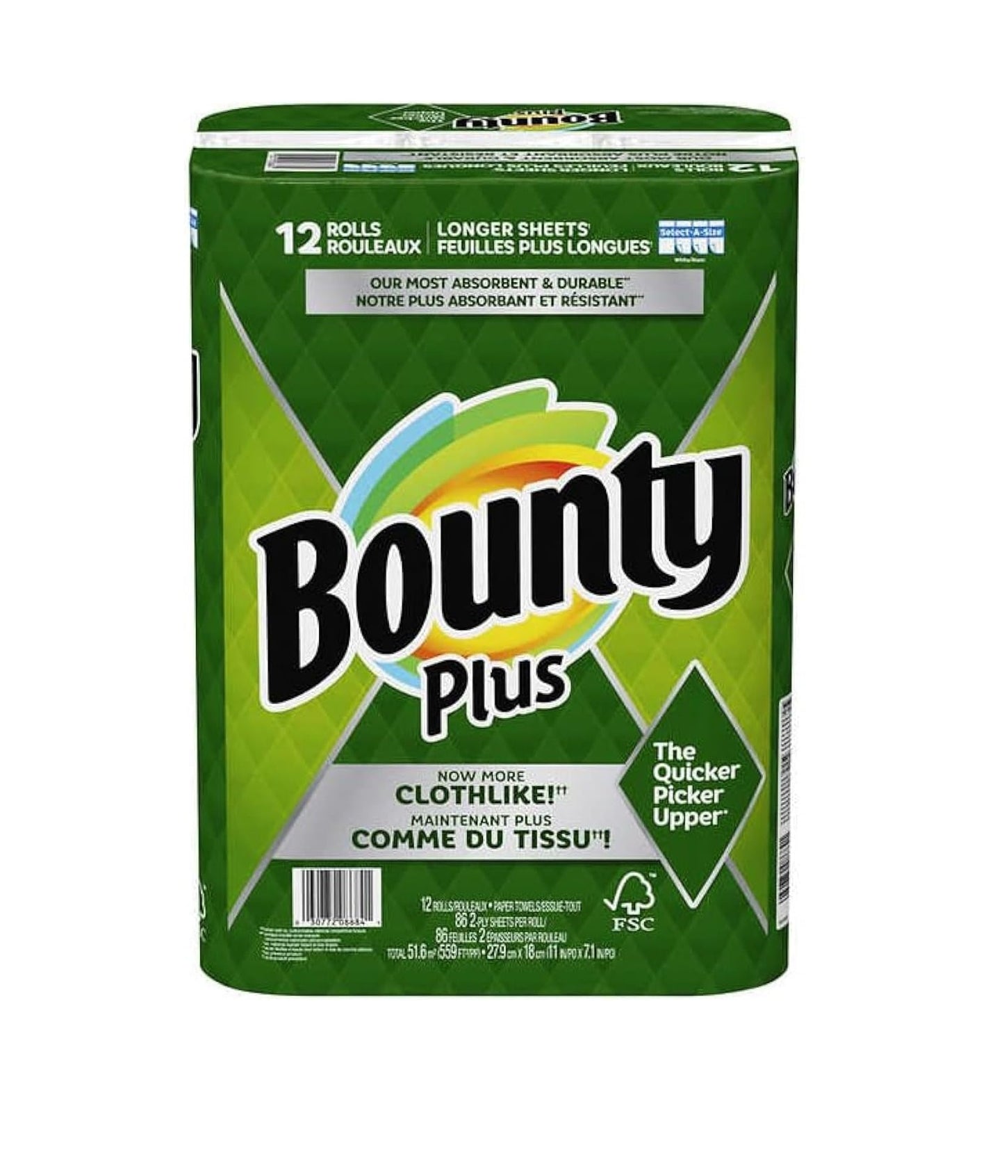 BOUNTY PLUS SELECT A SIZE PAPER TOWELS – WHITE – 2 PLY – 12 ROLLS – 86 SHEETS PER ROLL