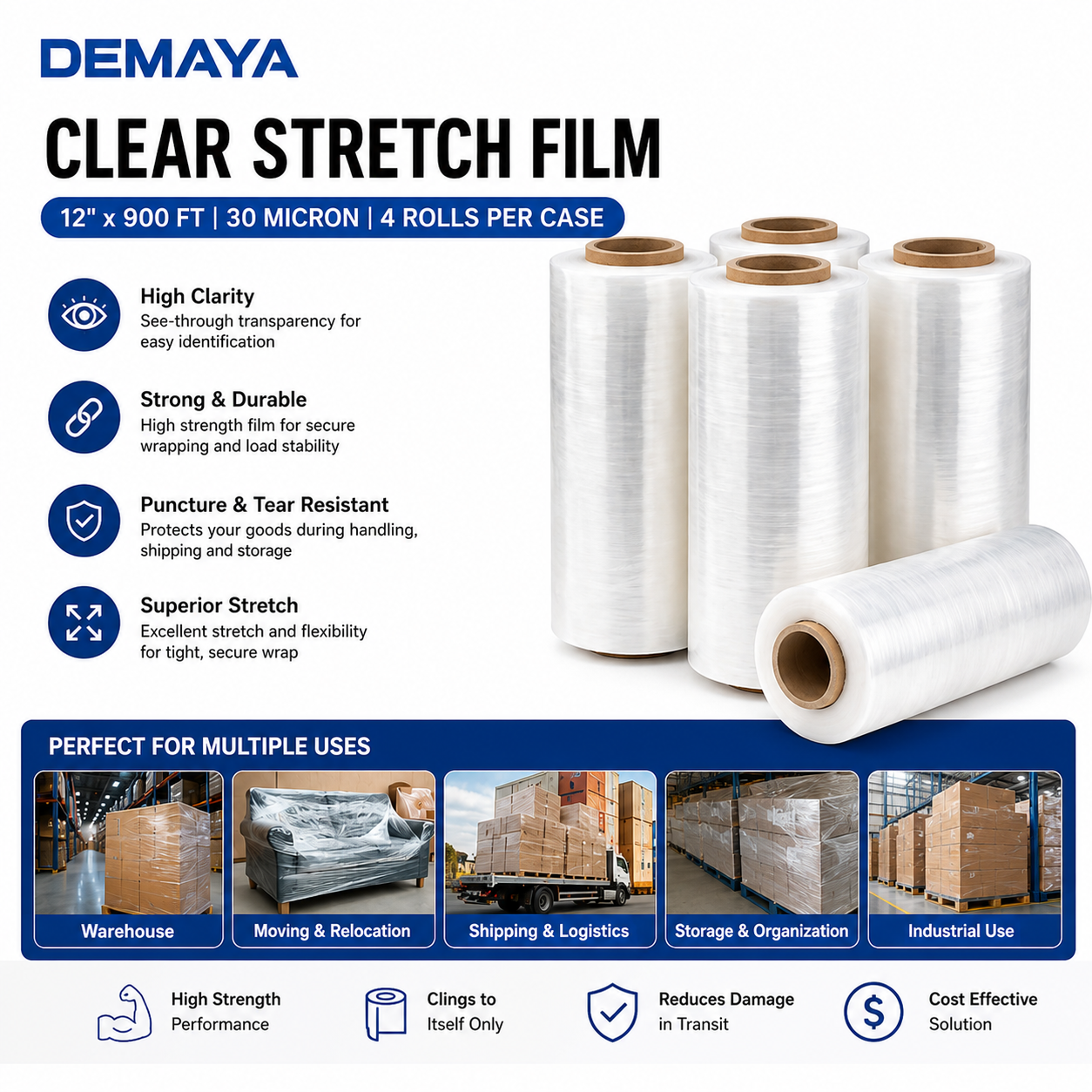 DEMAYA Heavy-Duty Stretch Wrap Film – 12" x 900' 120 Gauge (30 Micron) Industrial Pallet & Packaging Stretch Film