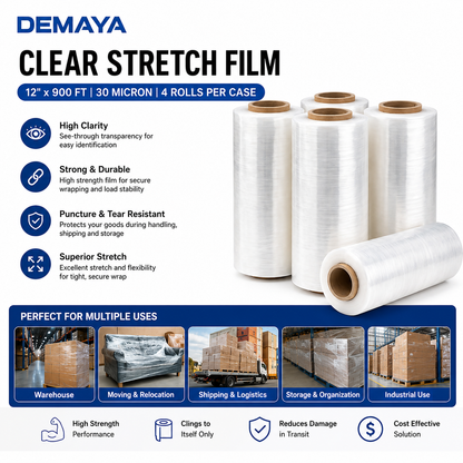 DEMAYA Heavy-Duty Stretch Wrap Film – 12" x 900' 120 Gauge (30 Micron) Industrial Pallet & Packaging Stretch Film