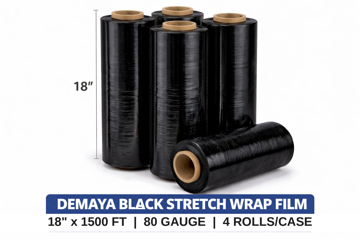 DEMAYA Heavy-Duty Black Stretch Wrap Film – 18" x 1500' 80 Gauge (20 Micron) Industrial Pallet & Packaging Stretch Film