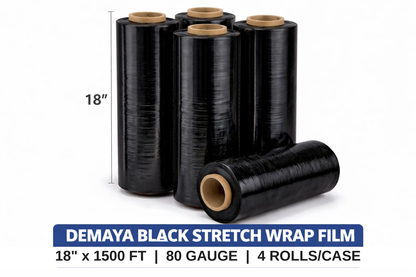 DEMAYA Heavy-Duty Black Stretch Wrap Film – 18" x 1500' 80 Gauge (20 Micron) Industrial Pallet & Packaging Stretch Film