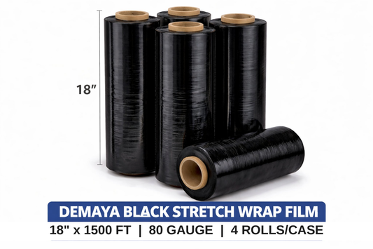 DEMAYA Heavy-Duty Black Stretch Wrap Film – 18" x 1500' 80 Gauge (20 Micron) Industrial Pallet & Packaging Stretch Film