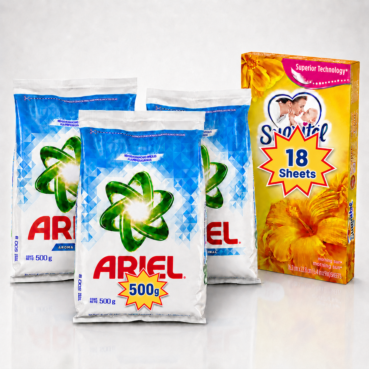 Laundry Bundle: Aroma Original Powder Detergent 500g, 3-Pack with Morning Sun Dryer Sheets, 18 Count