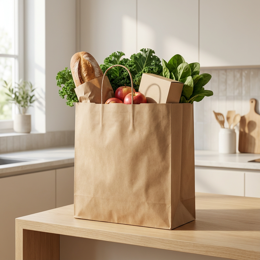 Demaya Kraft Paper Bags with Handles – Heavy Duty 10x7x12 Grocery & Takeout Bags, 250 Pack