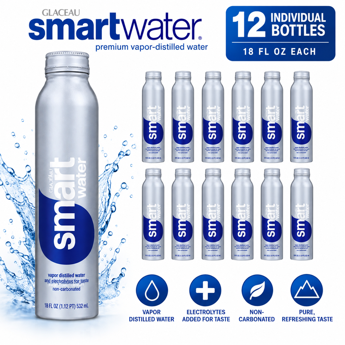 Glaceau smartwater Premium Vapor-Distilled Water, 18 fl oz Aluminum Bottles, 12 Individual Bottles